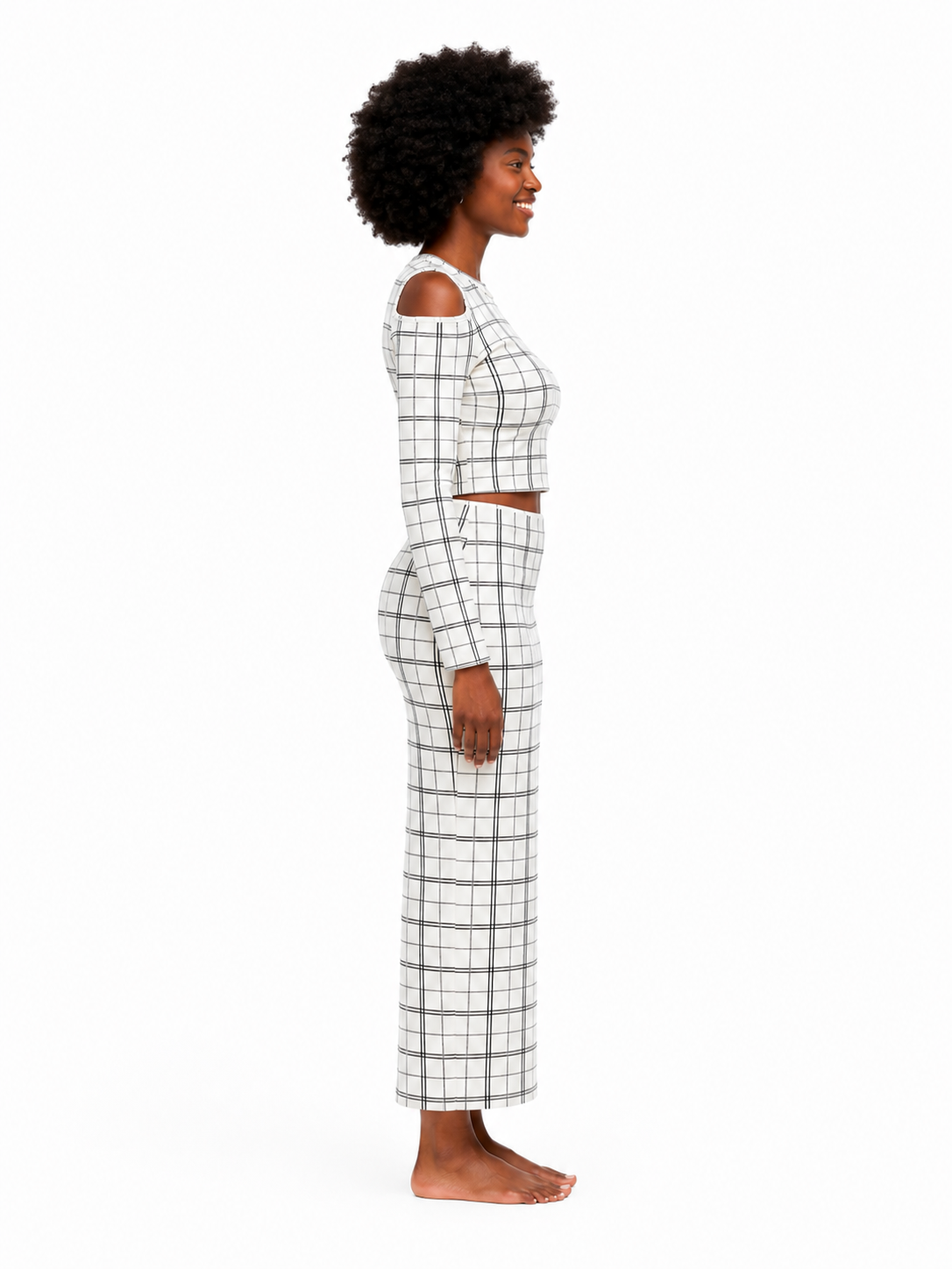 Grid Cut-Out Shoulder Co-Ord Set in One Size-White