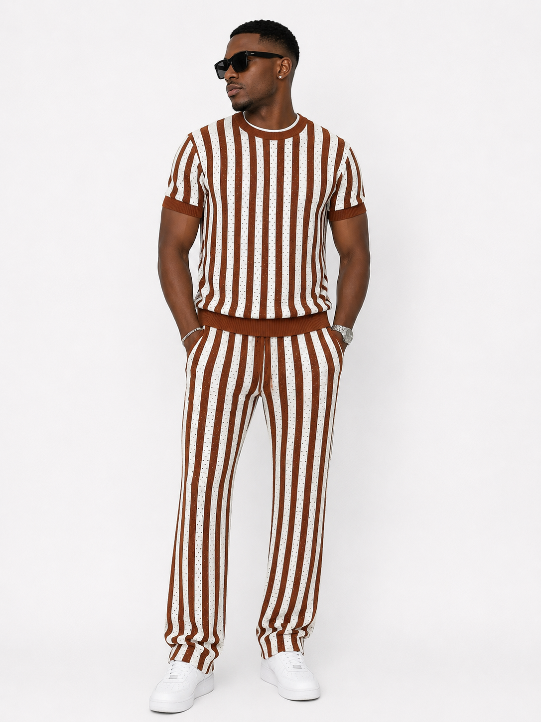 Open-Knit Stripe Co-Ord Set – Rust Brown