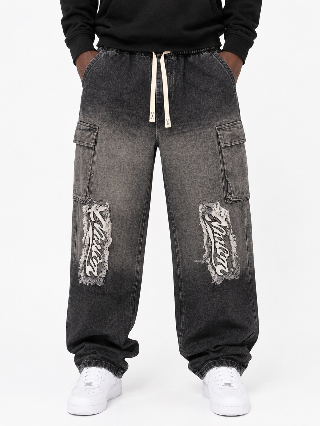 Faded Cargo Denim Jeans with Drawstring Waist - Black and Grey