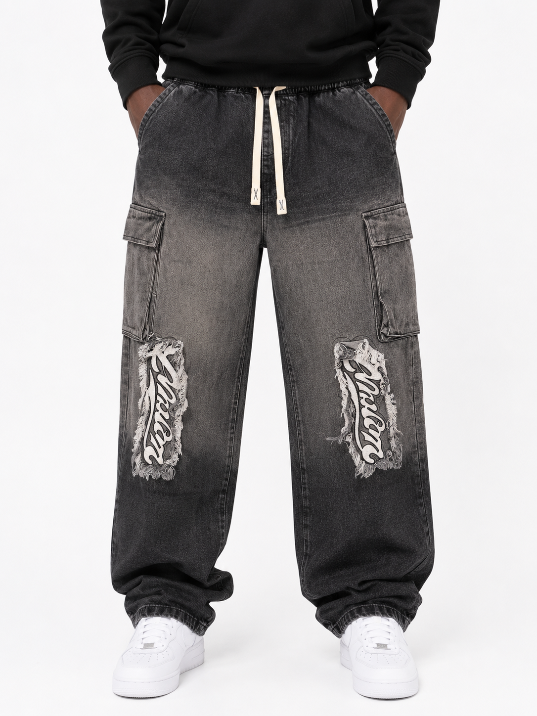 Faded Cargo Denim Jeans with Drawstring Waist - Black and Grey