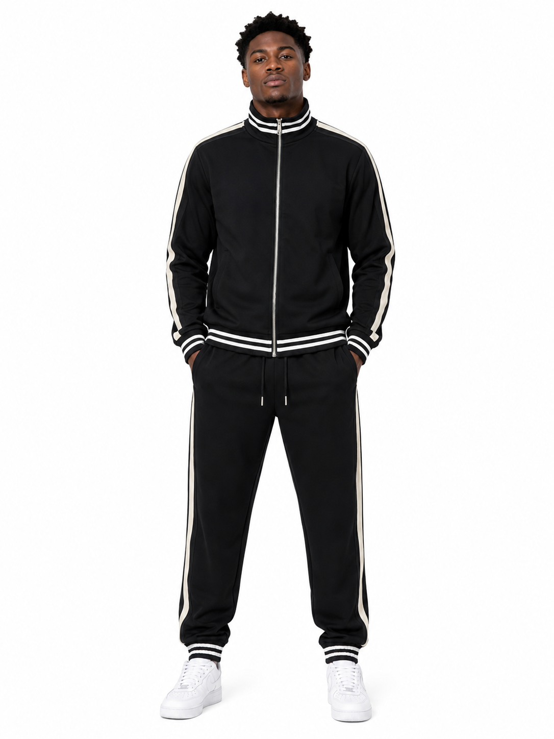FW Tracksuit Set with Bold White Side Stripes - Black
