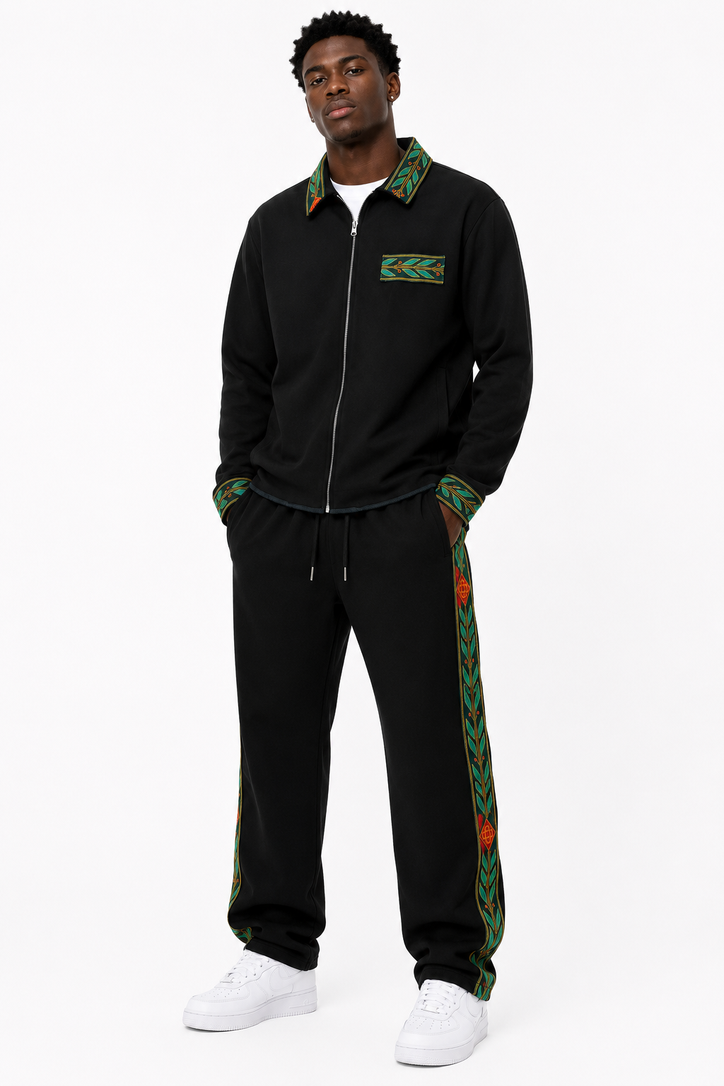 Unisex Tracksuit Set with Green Design Trim - Black