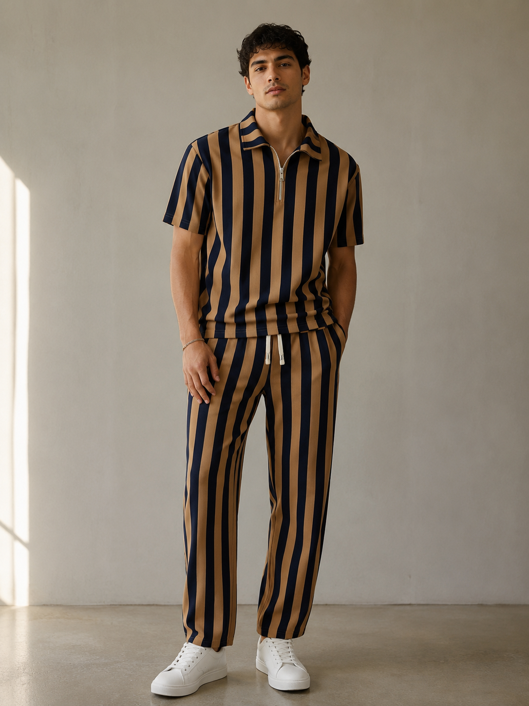 Bold Stripe Co-Ord Set - Camel and Navy