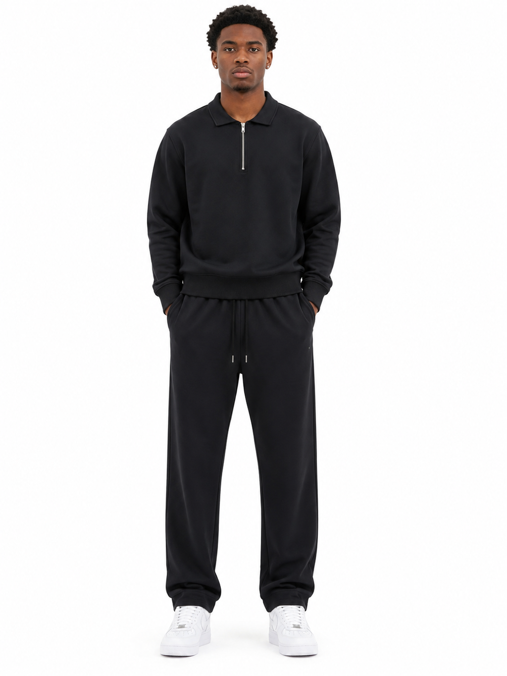 Comfort Cotton Tracksuit Set with Collar - Black