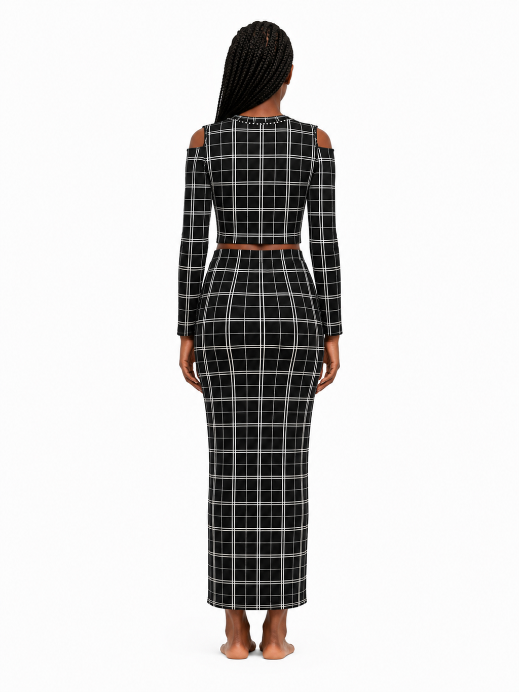 Grid Cut-Out Shoulder Co-Ord Set in One Size-Black
