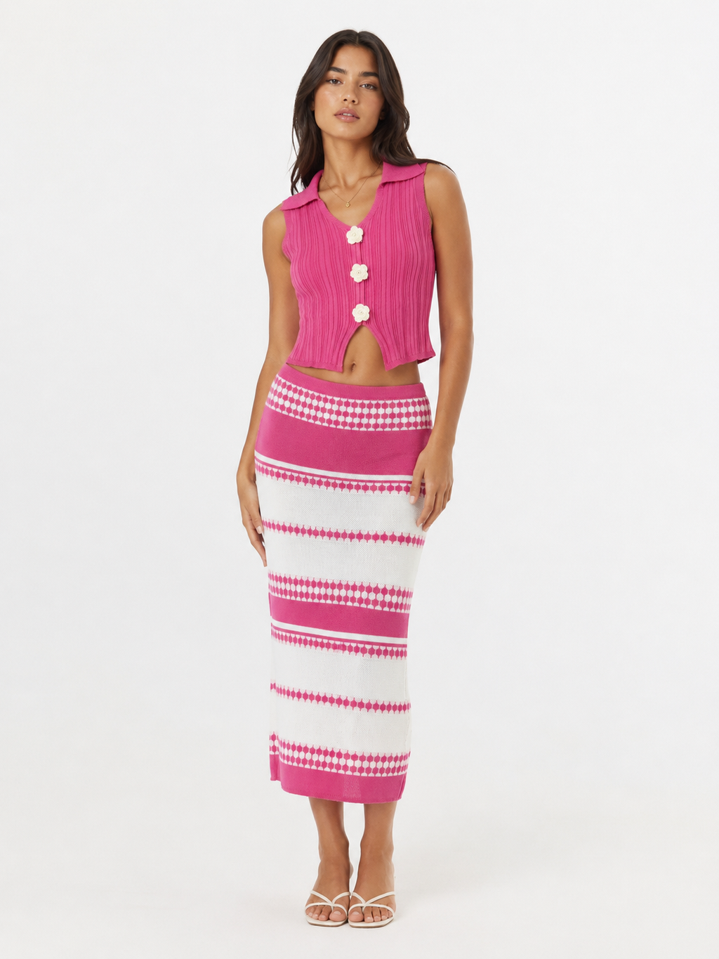 Two-Piece Set Sleeveless Top & Striped Skirt One Size - Pink