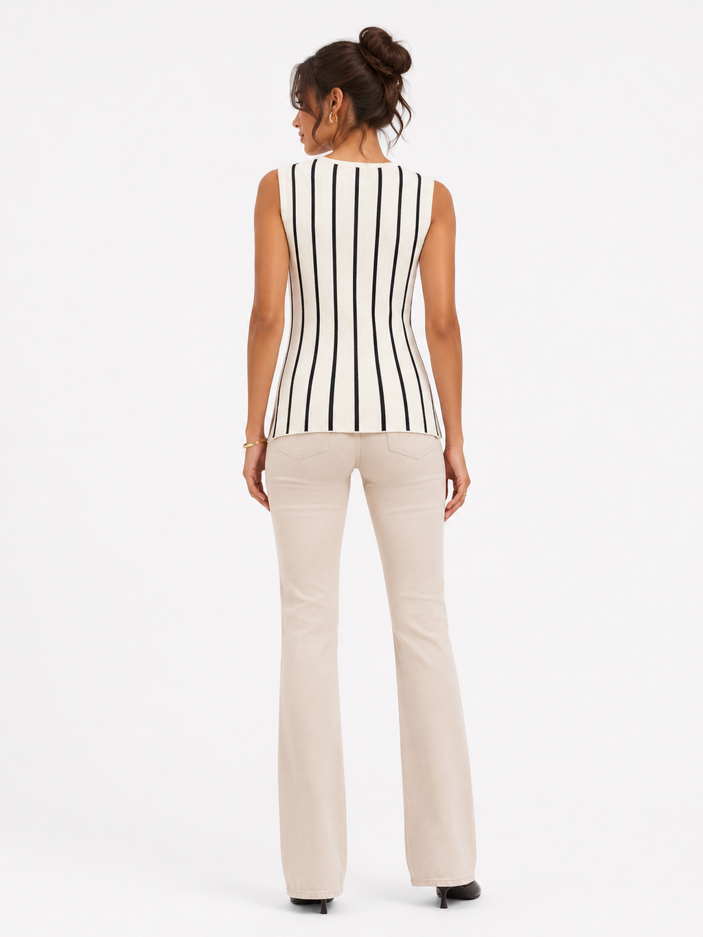 Striped Button Knit Top One Size Stretchable - White and Black