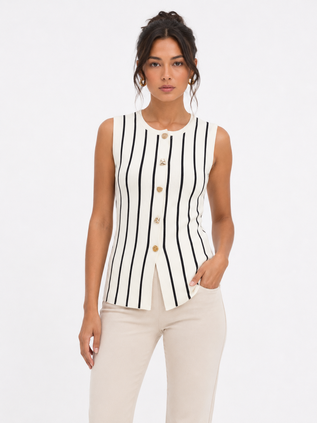 Striped Button Knit Top One Size Stretchable - White and Black