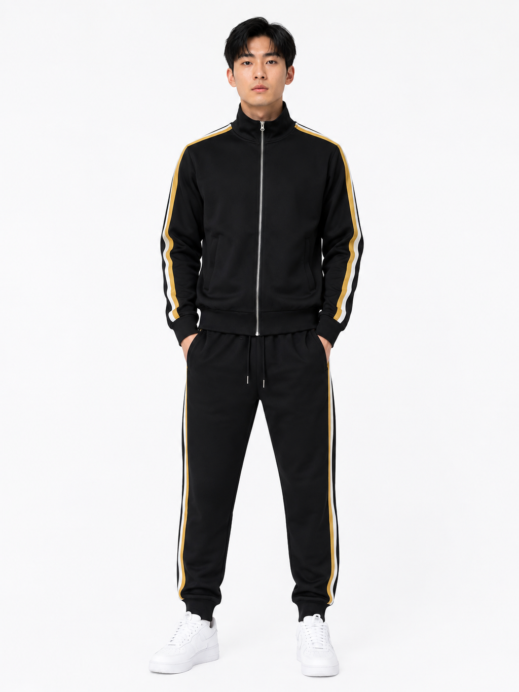 Tracksuit Set with Beige and White Side Stripes - Black