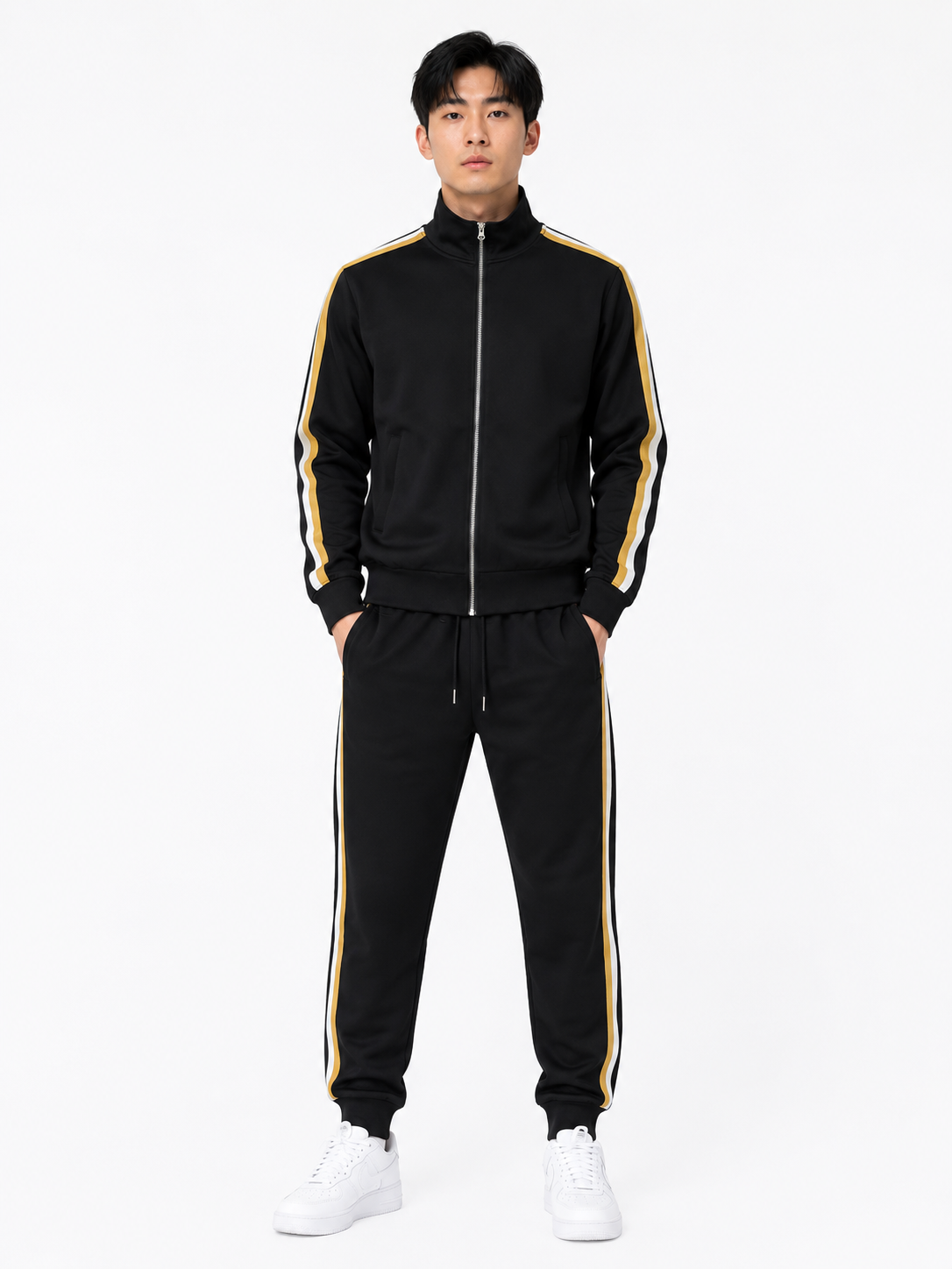 Tracksuit Set with Beige and White Side Stripes - Black