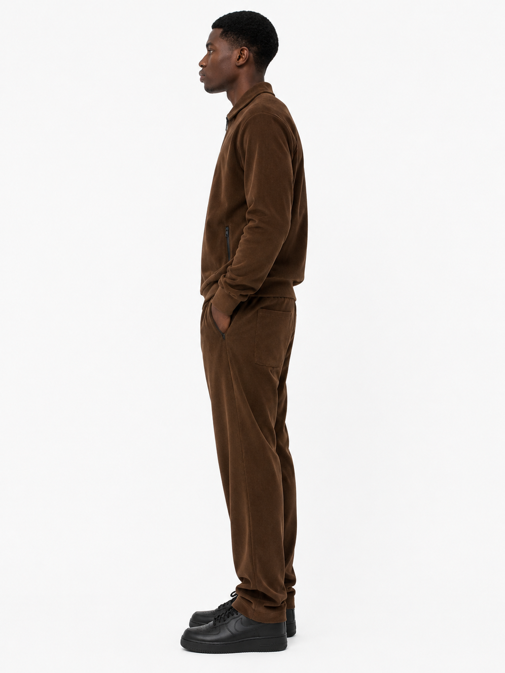 Zipper Corduroy Tracksuit Set - Brown