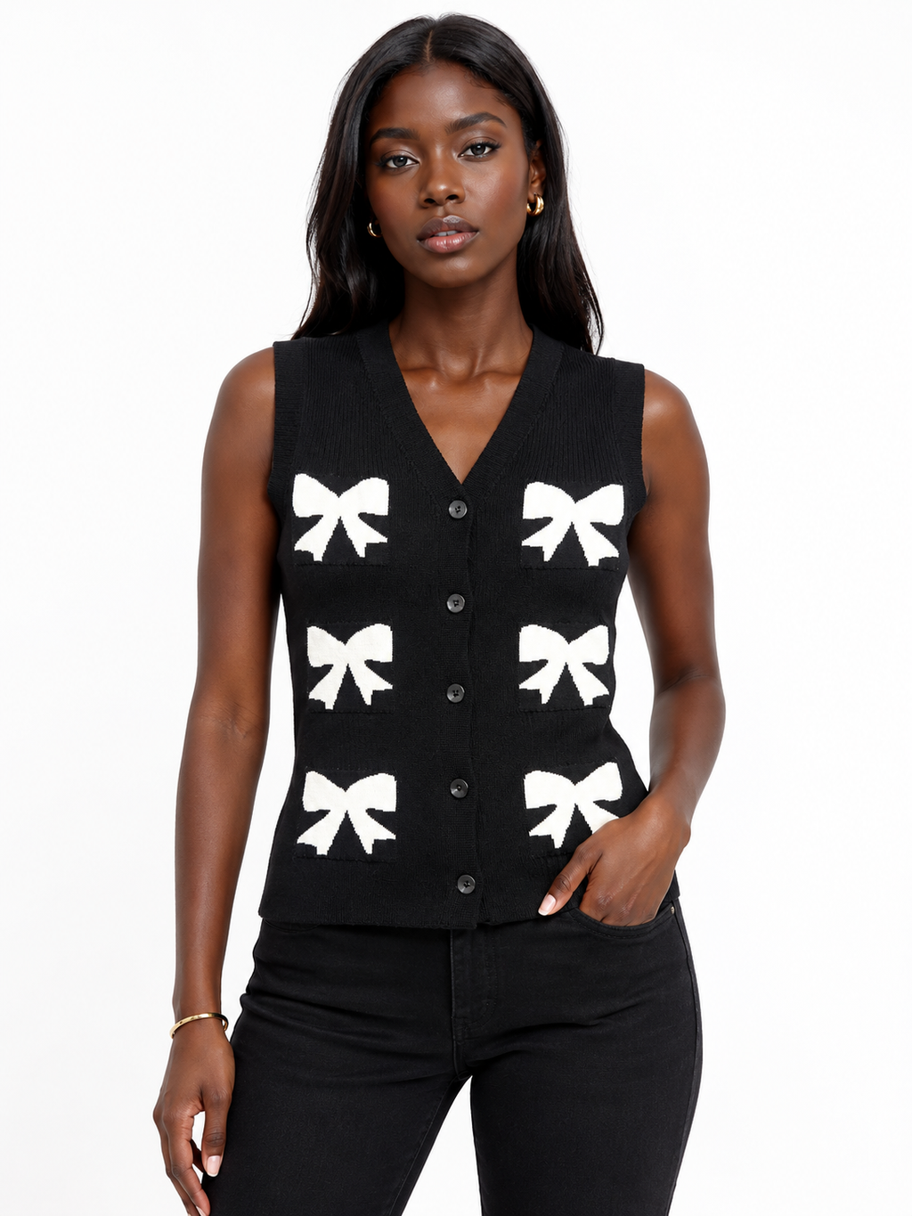Knit Bow-Accent Button Vest One Size Stretchable - Black