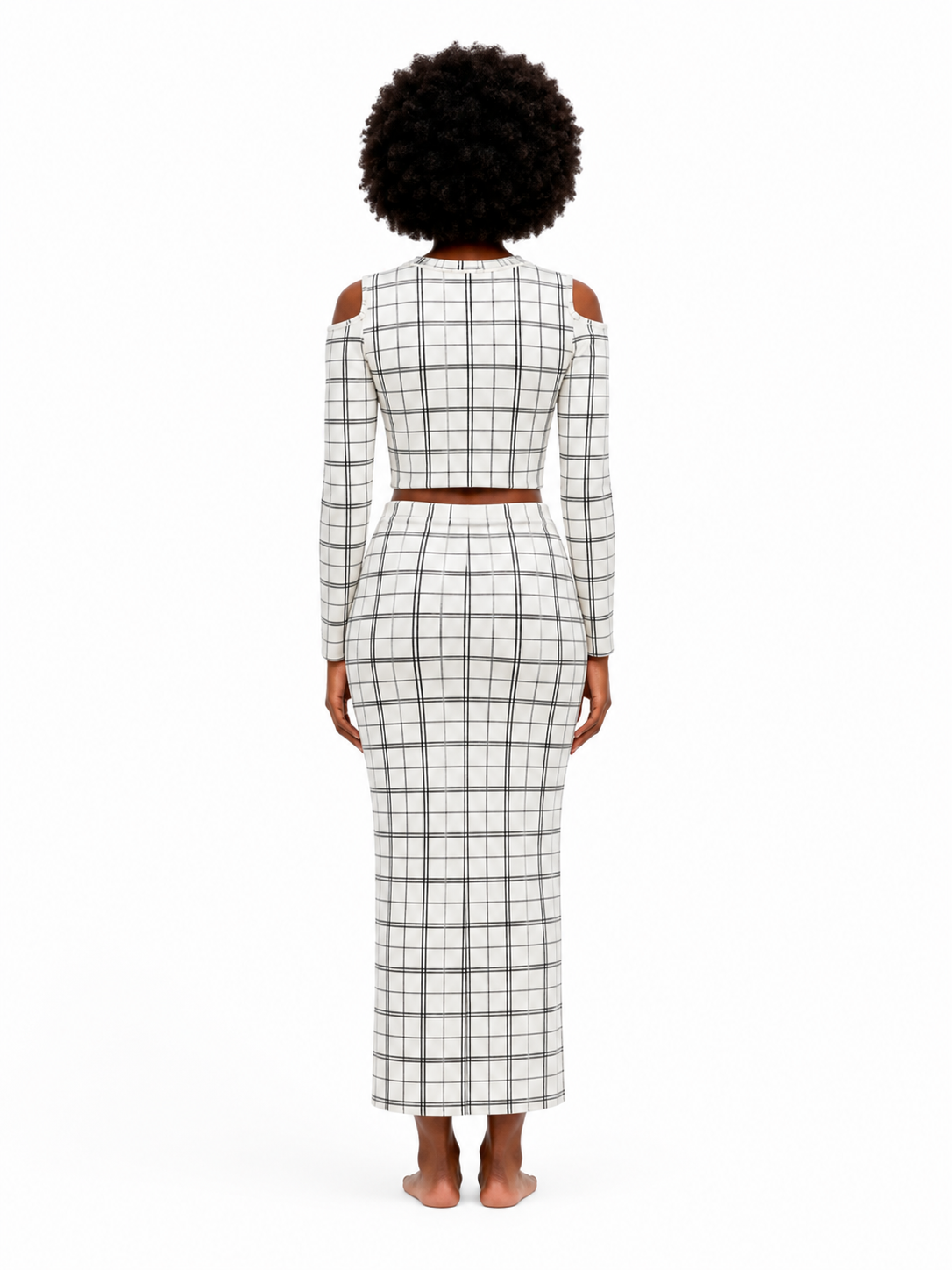 Grid Cut-Out Shoulder Co-Ord Set in One Size-White