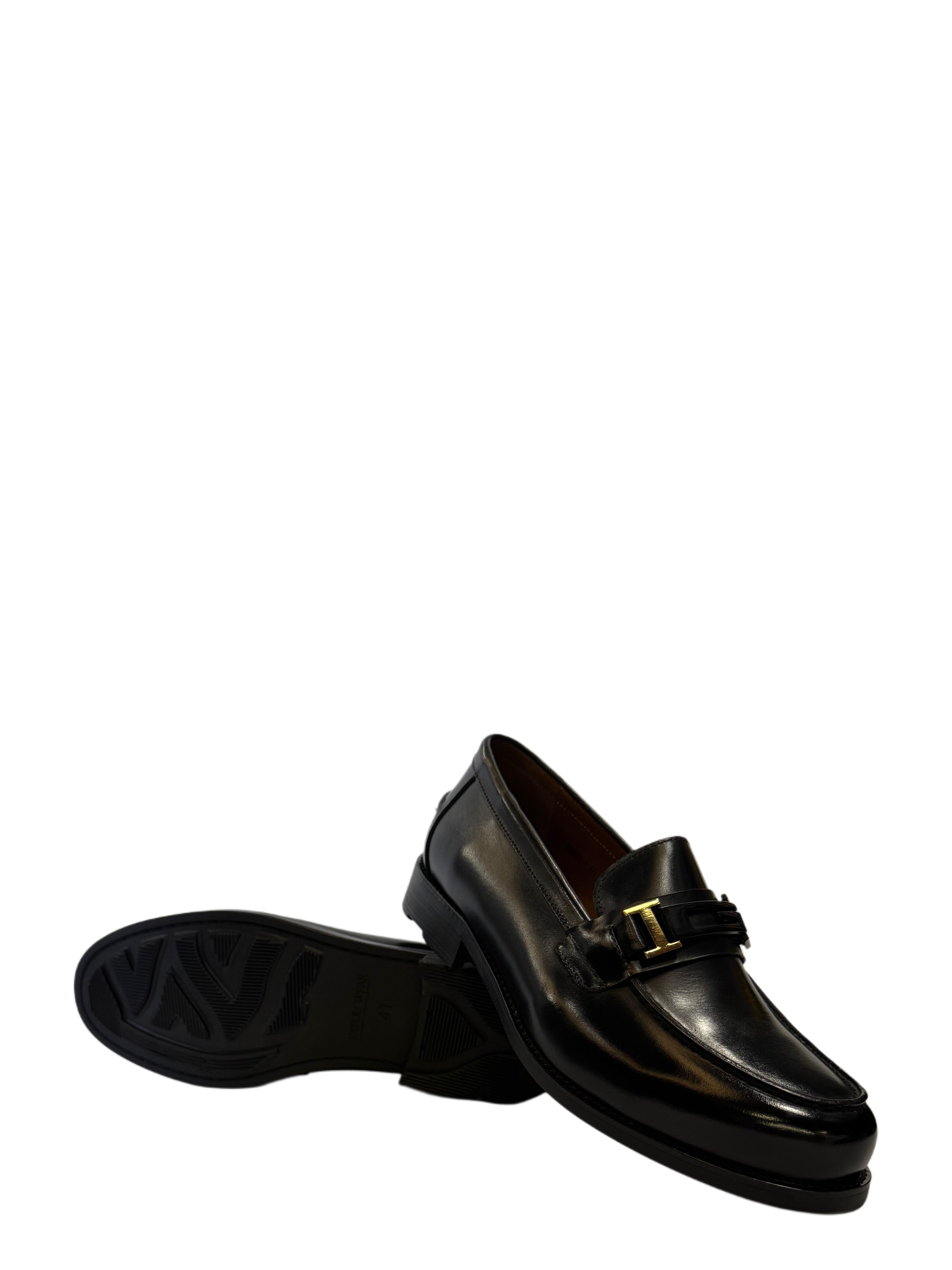 Leather Loafers with Gold Buckle - Black