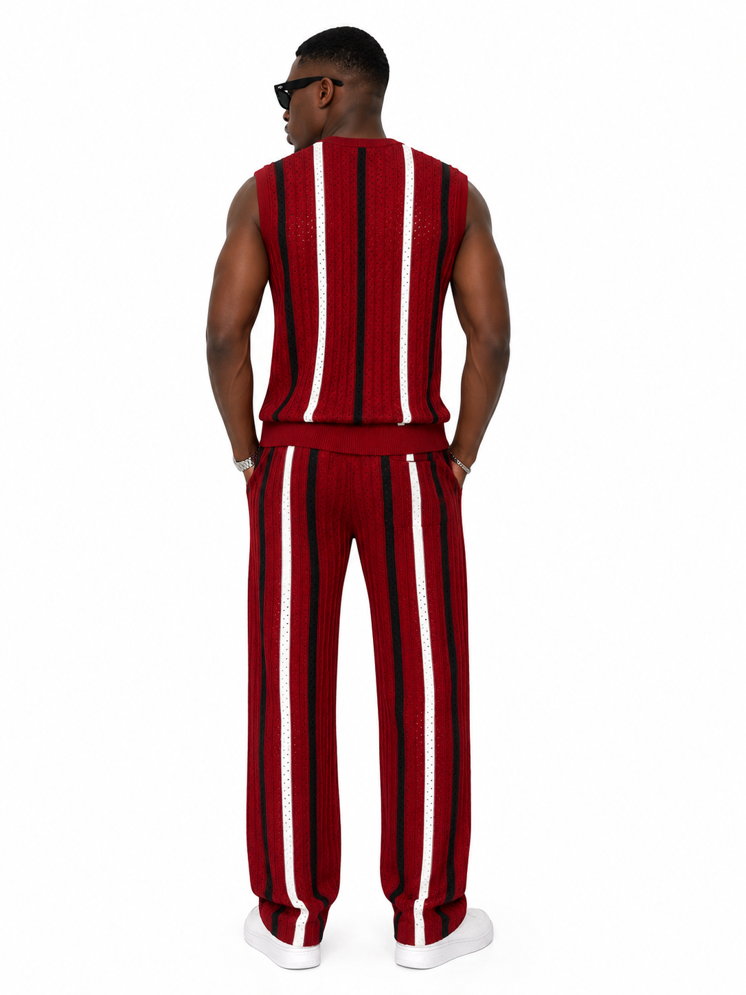 Men Open-Knit Stripe Co-Ord Set – Burgundy