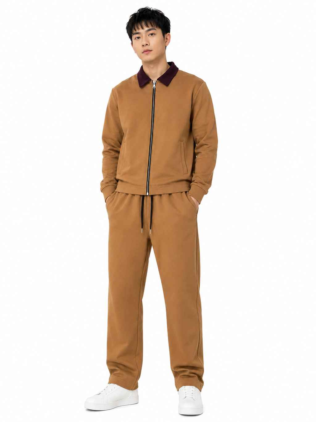 FW Cotton Tracksuit Set with Maroon Collar - L. Brown