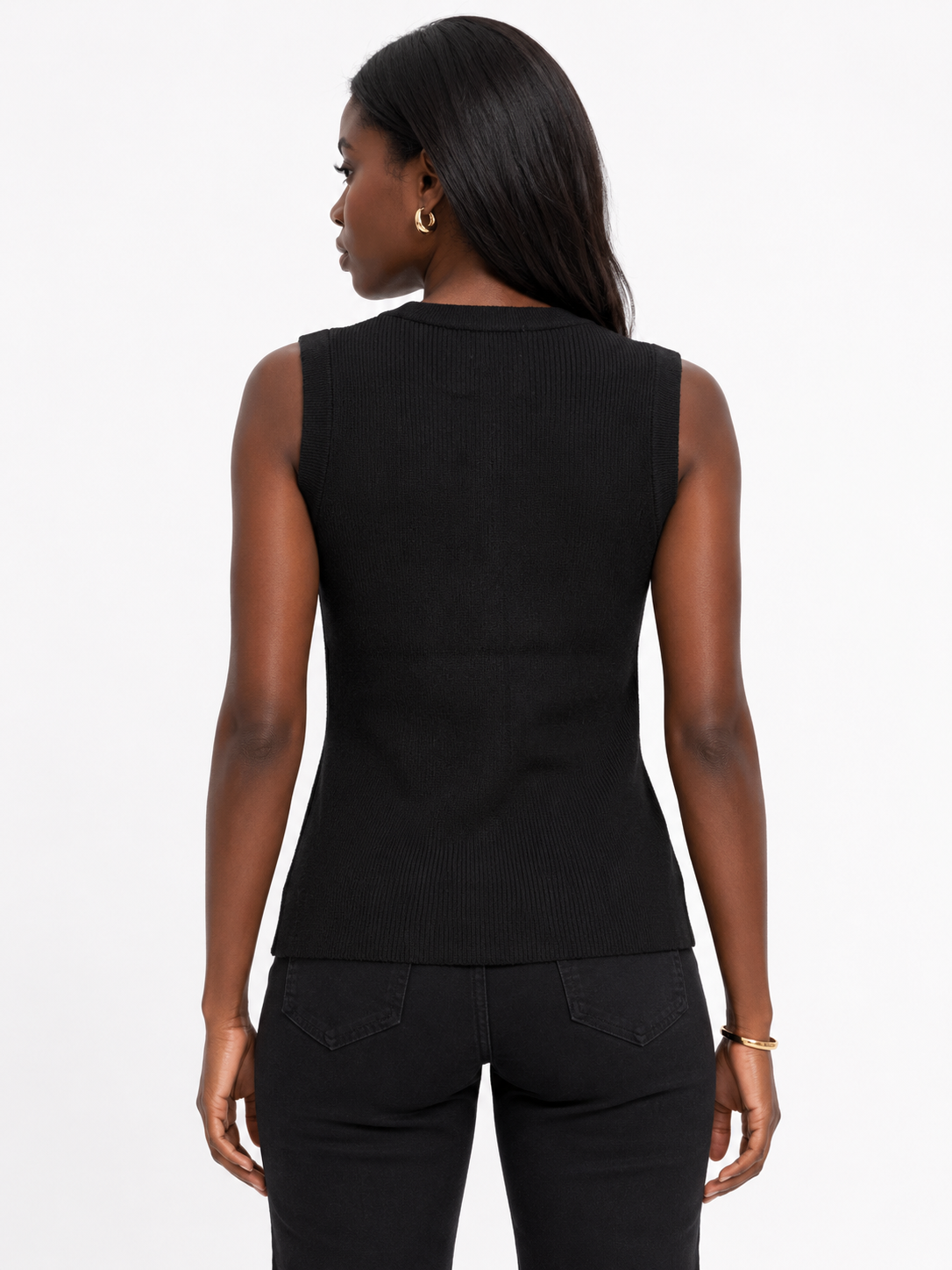 Knit Bow-Accent Button Vest One Size Stretchable - Black
