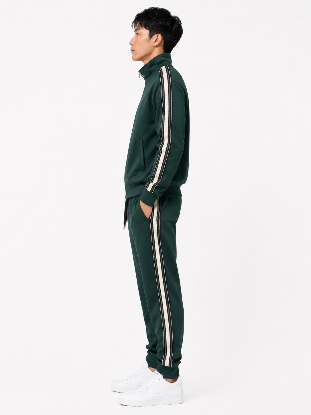 FW Tracksuit Set with Black and White Stripes - Dark Green