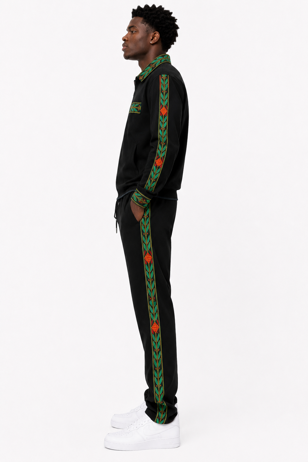 Unisex Tracksuit Set with Green Design Trim - Black